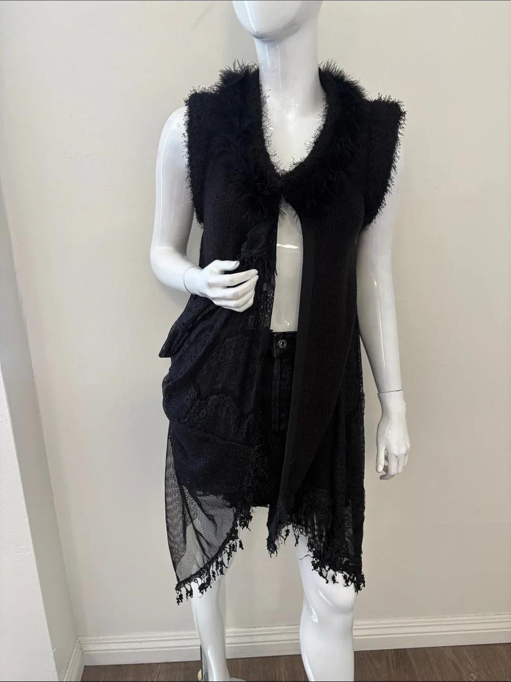 Y2K Black Sleeveless Knit Duster Vest w Lace, Mesh Paneling & Feather Boa Trim